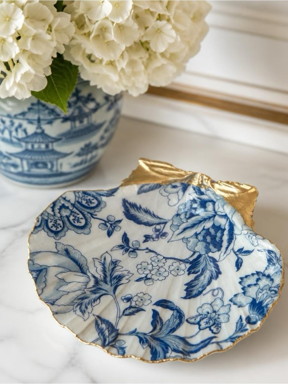 Blue Chinoiserie Shell Trinket Dish | Floral Jewelry Dish Coastal Decor